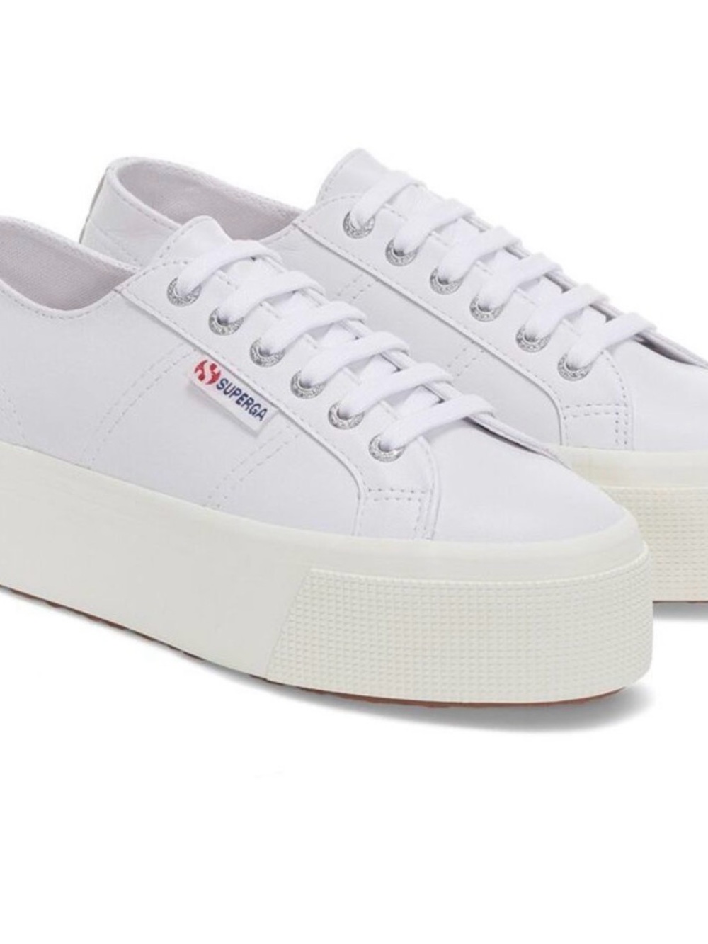 Superga White Leather Sneakers, 1 1/2” wedge Italian Pirella tire soles, sz 10